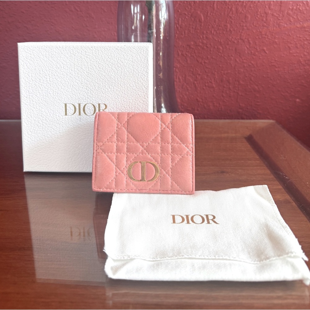 DIOR CARO COMPACT TRIFOLD COMPACT WALLET, PINK CALFSKIN LEATHER
